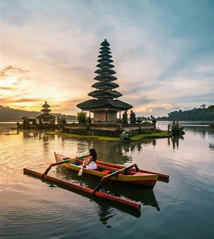 Bali temple on Lake Beratan at sunrise