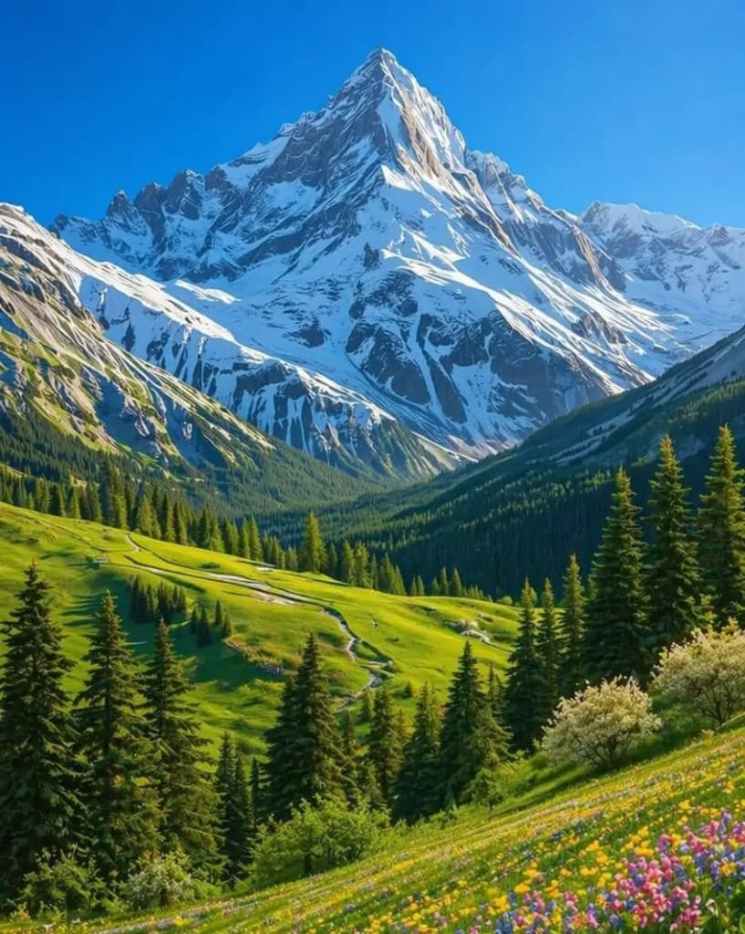 Snow-capped mountain over alpine valley