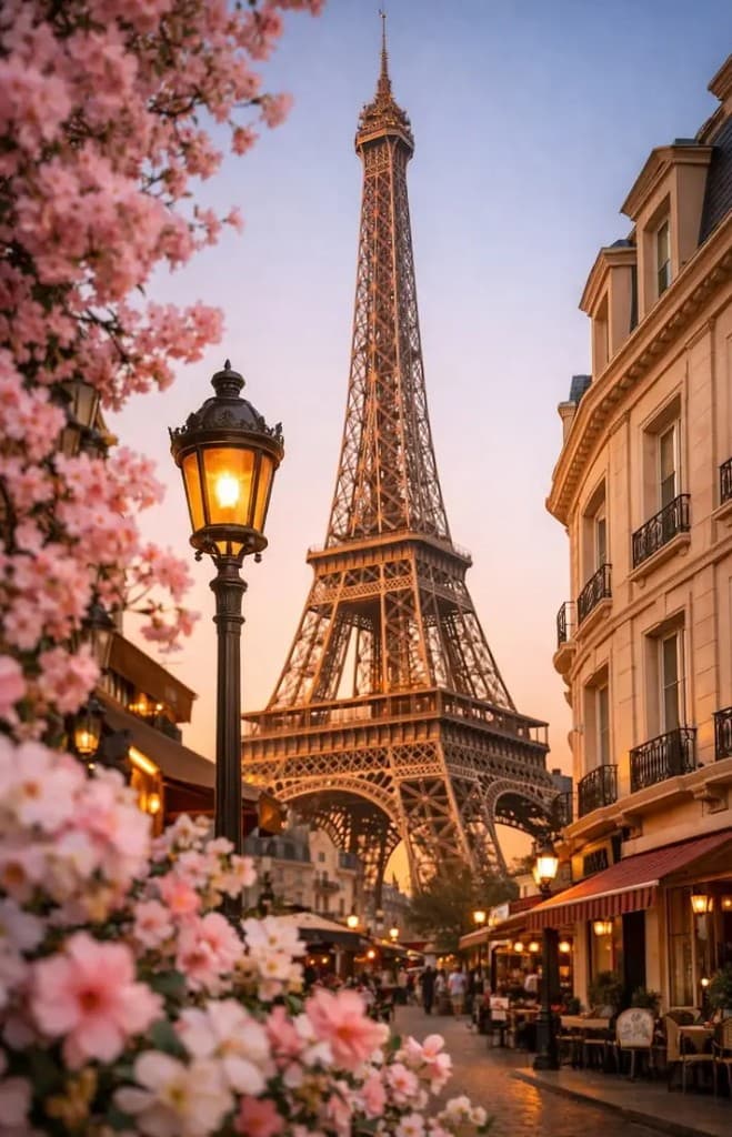 Eiffel Tower with cherry blossoms at golden hour in Paris